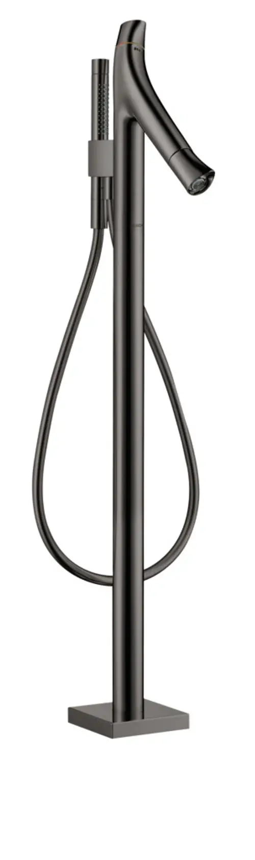 Bodenstehender Thermostat für eine Badewanne in Polished Black Chrome von AXOR mit einem schlichten, geraden Design und einem flexiblen Duschschlauch, montiert auf stabiler Basis.